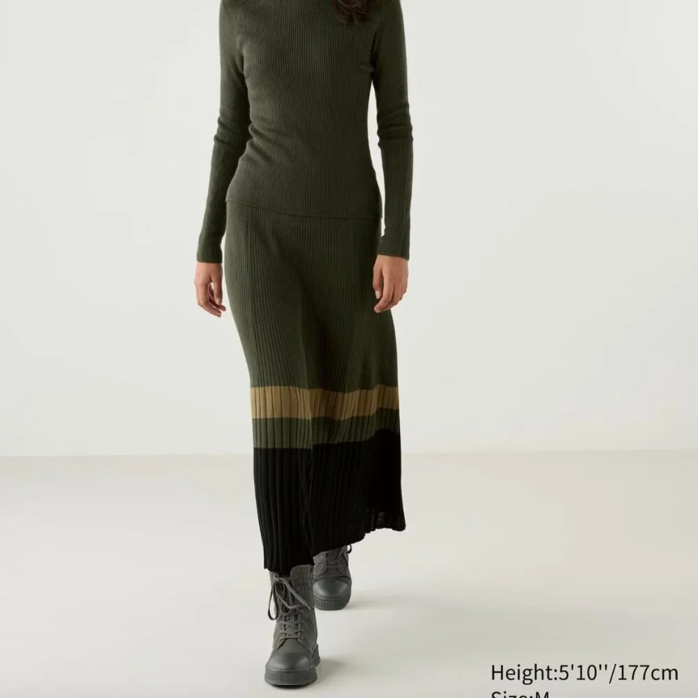 NWT Uniqlo : C Merino Blend Ribbed Skirt | Color Block, Green, XS - Picture 3 of 7